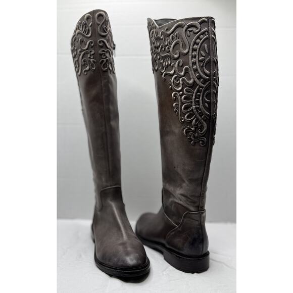 Gianni Bini Shoes - Gianni Bini Gray Taupe Leather Riding Style Knee High Boot Size 8.5 Embroidered